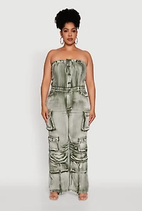Womens Plus Size Daisy Acid Wash Denim Strapless Jumpsuit, Green, Size 3X