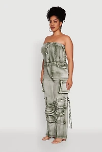 Womens Plus Size Daisy Acid Wash Denim Strapless Jumpsuit, Green, Size 1X