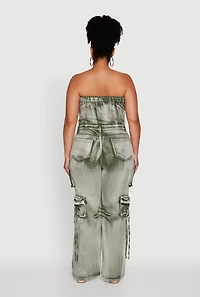 Womens Plus Size Daisy Acid Wash Denim Strapless Jumpsuit, Green, Size 1X