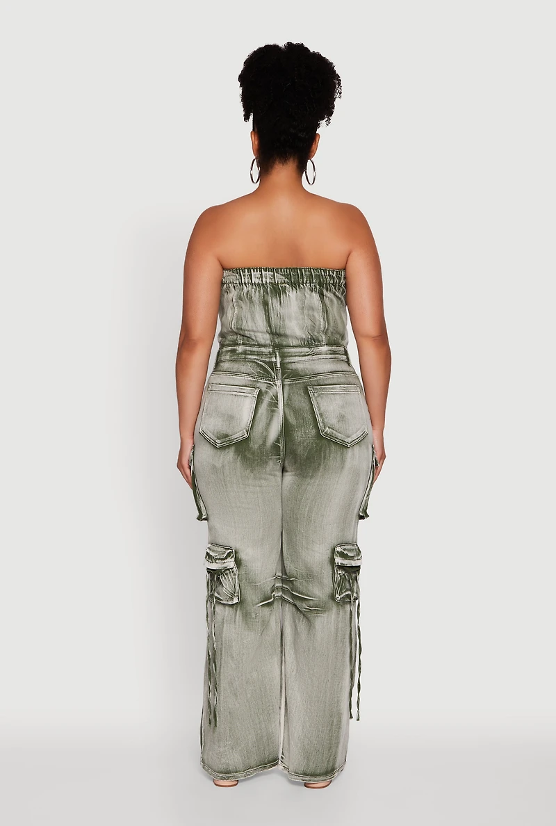 Womens Plus Size Daisy Acid Wash Denim Strapless Jumpsuit, Green, Size 3X