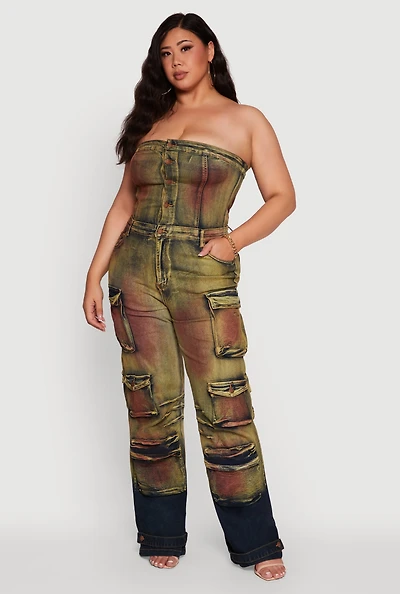 Womens Plus Size Acid Wash Button Front Tube Utility Jumpsuit, Multi, Size 3X