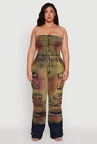 Womens Plus Size Acid Wash Button Front Tube Utility Jumpsuit, Multi, Size 3X