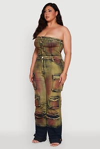 Womens Plus Size Acid Wash Button Front Tube Utility Jumpsuit, Multi, Size 3X