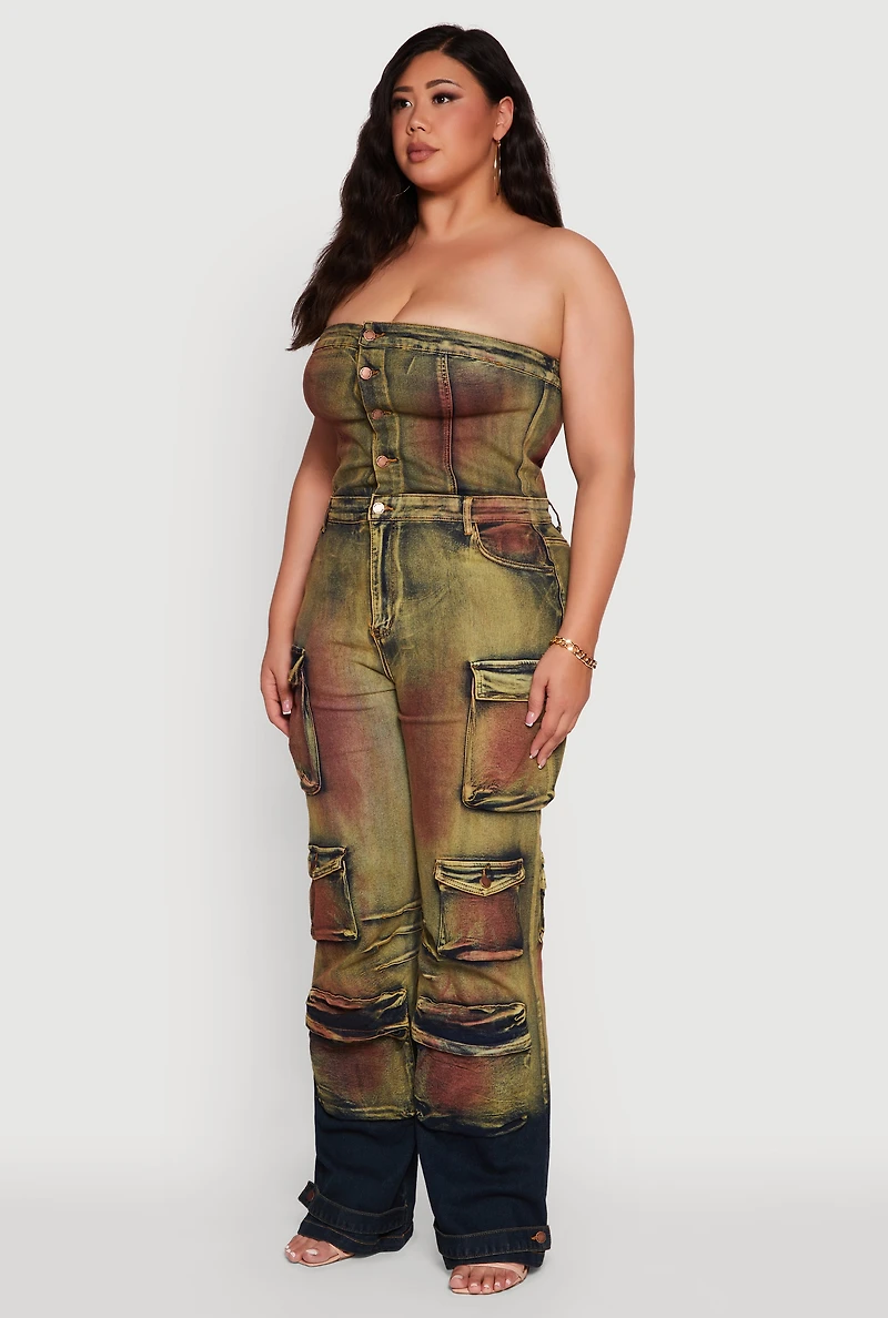 Womens Plus Size Acid Wash Button Front Tube Utility Jumpsuit, Multi, Size 2X