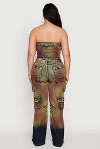 Womens Plus Size Acid Wash Button Front Tube Utility Jumpsuit, Multi, Size 3X