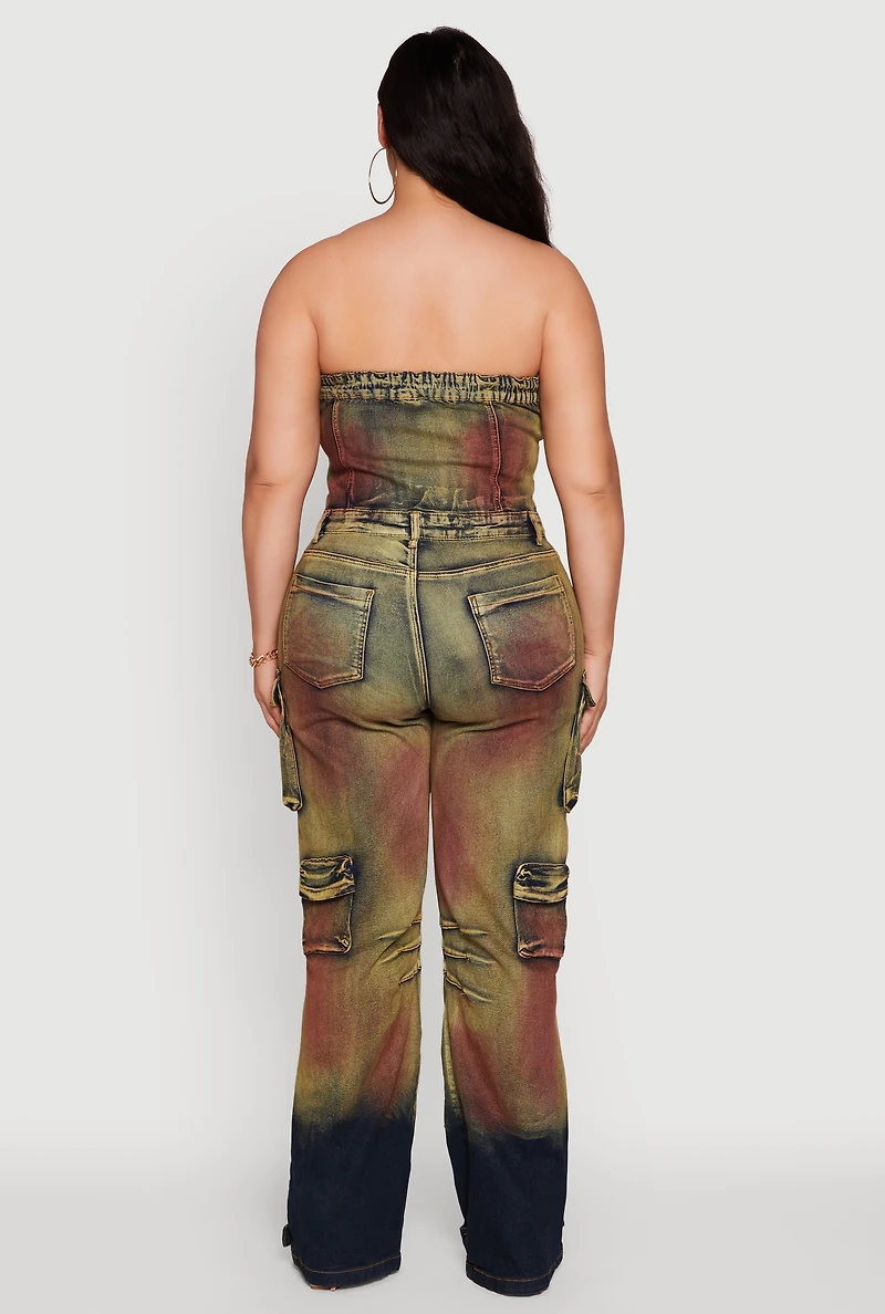 Womens Plus Size Acid Wash Button Front Tube Utility Jumpsuit, Multi, Size 2X