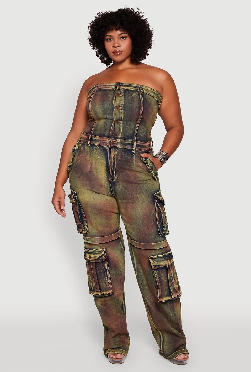 Womens Plus Size Tie Dye Acid Wash Denim Utility Tube Jumpsuit, Multi, Size 1X