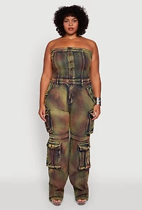 Womens Plus Size Tie Dye Acid Wash Denim Utility Tube Jumpsuit, Multi, Size 1X