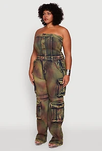 Womens Plus Size Tie Dye Acid Wash Denim Utility Tube Jumpsuit, Multi, Size 1X