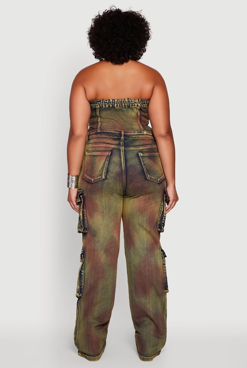 Womens Plus Size Tie Dye Acid Wash Denim Utility Tube Jumpsuit, Multi, Size 1X