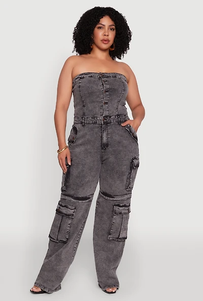 Womens Plus Daisy Acid Wash Denim Tube Utility Jumpsuit,