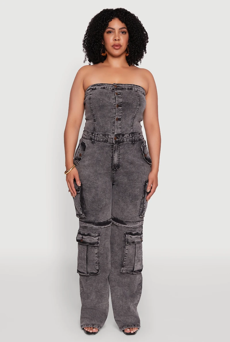 Womens Plus Daisy Acid Wash Denim Tube Utility Jumpsuit, 1X