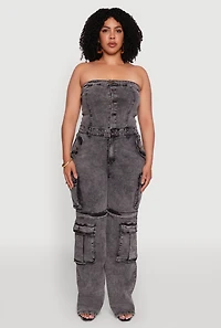 Womens Plus Daisy Acid Wash Denim Tube Utility Jumpsuit, 1X