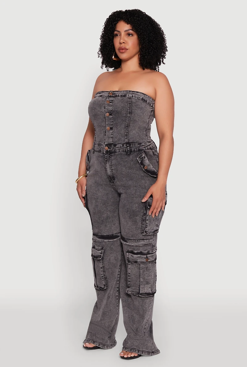 Womens Plus Daisy Acid Wash Denim Tube Utility Jumpsuit, 1X