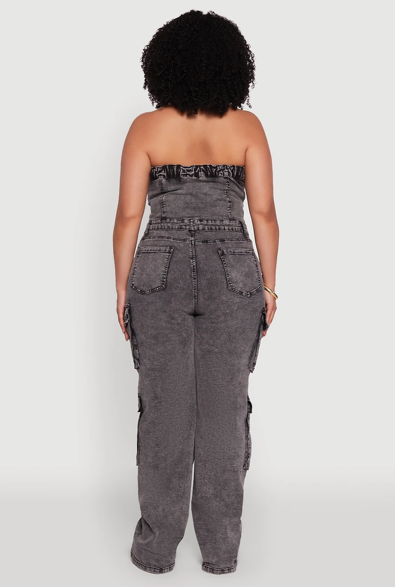 Womens Plus Daisy Acid Wash Denim Tube Utility Jumpsuit, 1X