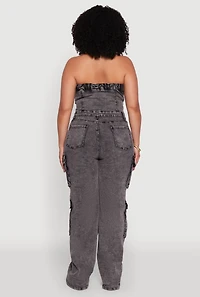 Womens Plus Daisy Acid Wash Denim Tube Utility Jumpsuit, 1X