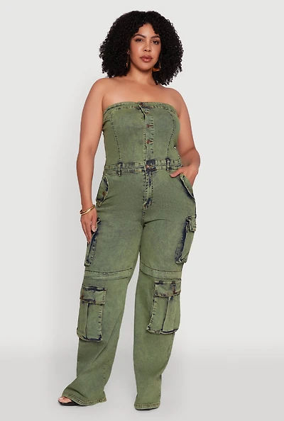 Womens Plus Daisy Acid Wash Denim Tube Utility Jumpsuit,