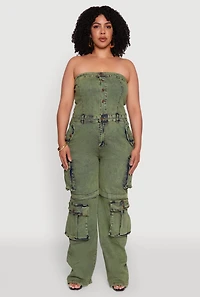 Womens Plus Daisy Acid Wash Denim Tube Utility Jumpsuit, 2X