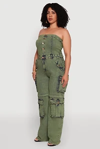Womens Plus Daisy Acid Wash Denim Tube Utility Jumpsuit, 2X