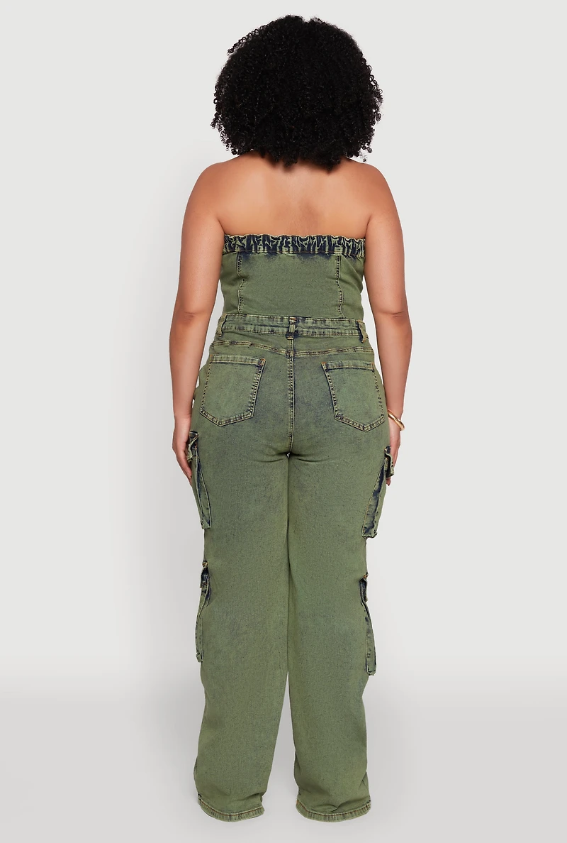 Womens Plus Daisy Acid Wash Denim Tube Utility Jumpsuit, 2X