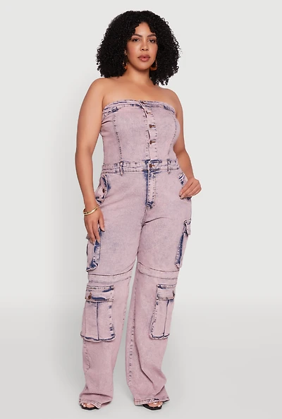 Womens Plus Size Daisy Acid Wash Denim Tube Utility Jumpsuit, Pink, Size 2X