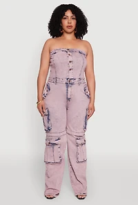 Womens Plus Size Daisy Acid Wash Denim Tube Utility Jumpsuit, Pink, Size 2X
