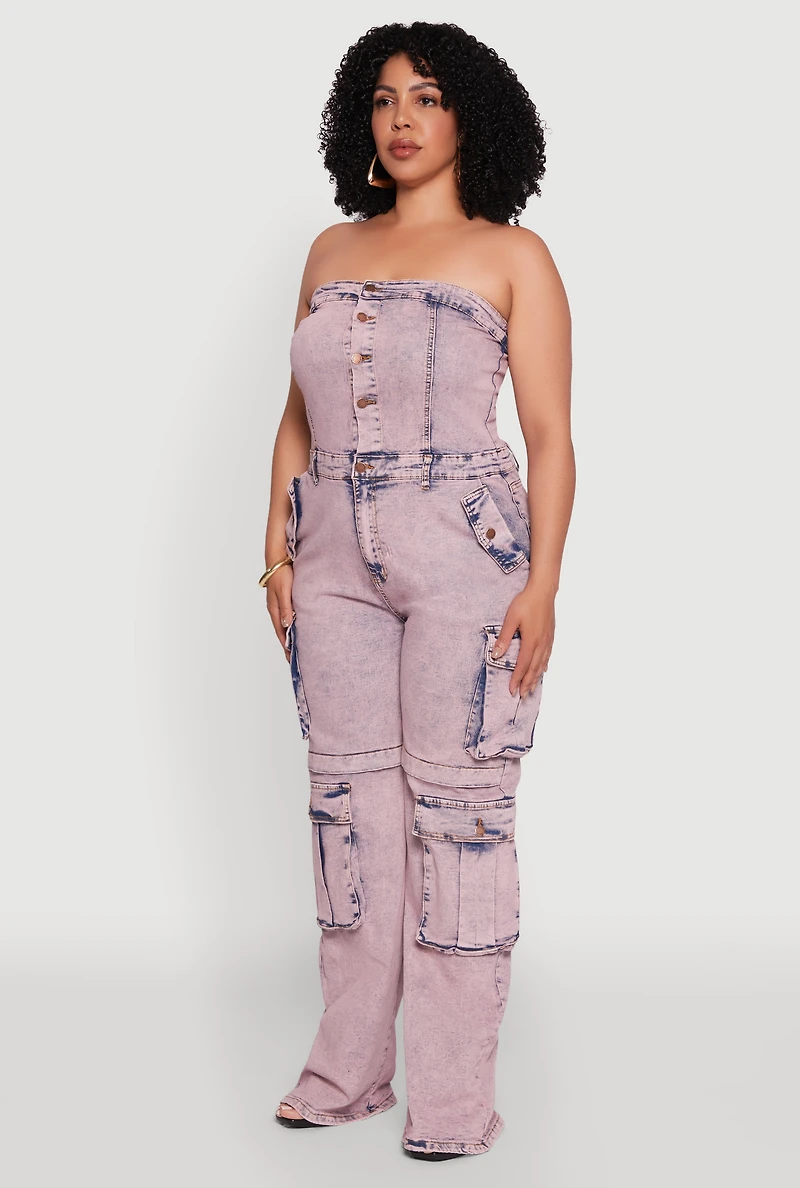 Womens Plus Size Daisy Acid Wash Denim Tube Utility Jumpsuit, Pink, Size 2X