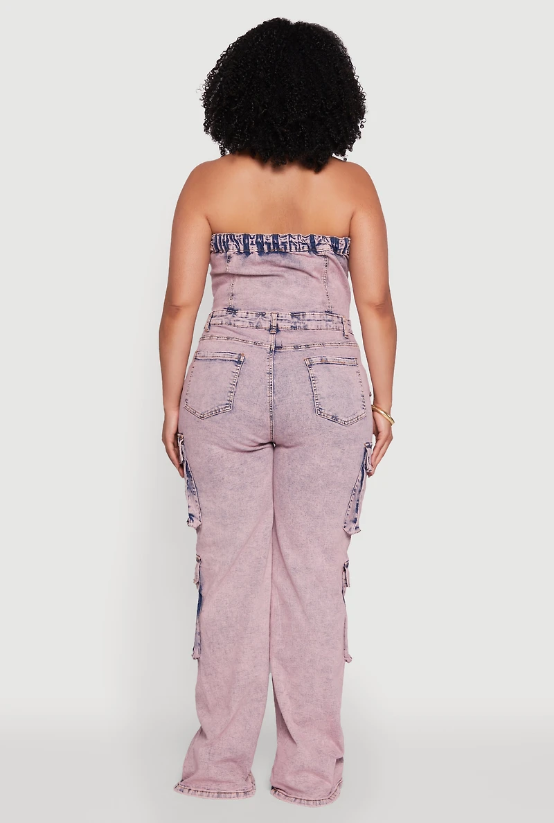 Womens Plus Size Daisy Acid Wash Denim Tube Utility Jumpsuit, Pink, Size 2X