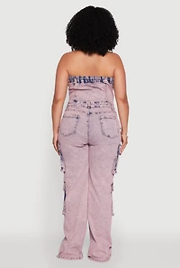 Womens Plus Size Daisy Acid Wash Denim Tube Utility Jumpsuit, Pink, Size 2X