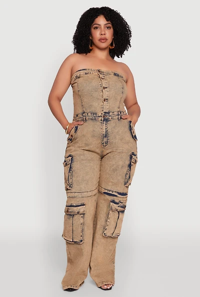 Womens Plus Size Daisy Acid Wash Denim Tube Utility Jumpsuit, Multi, Size 2X