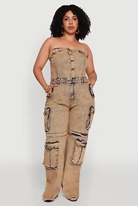 Womens Plus Size Daisy Acid Wash Denim Tube Utility Jumpsuit, Multi, Size 2X