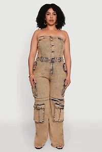 Womens Plus Size Daisy Acid Wash Denim Tube Utility Jumpsuit, Multi, Size 2X