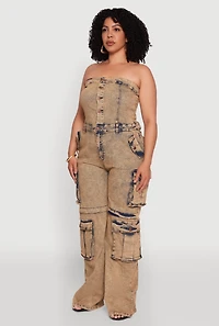 Womens Plus Size Daisy Acid Wash Denim Tube Utility Jumpsuit, Multi, Size 2X
