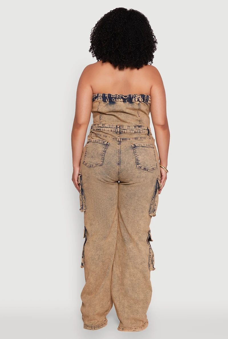 Womens Plus Size Daisy Acid Wash Denim Tube Utility Jumpsuit, Multi, Size 2X