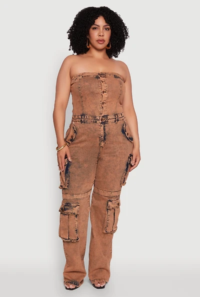 Womens Plus Daisy Acid Wash Denim Tube Utility Jumpsuit, 1X