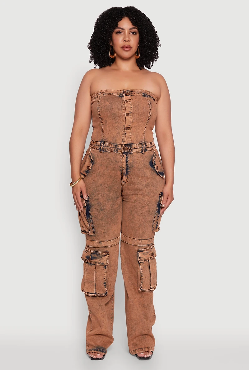 Womens Plus Daisy Acid Wash Denim Tube Utility Jumpsuit, Brown,