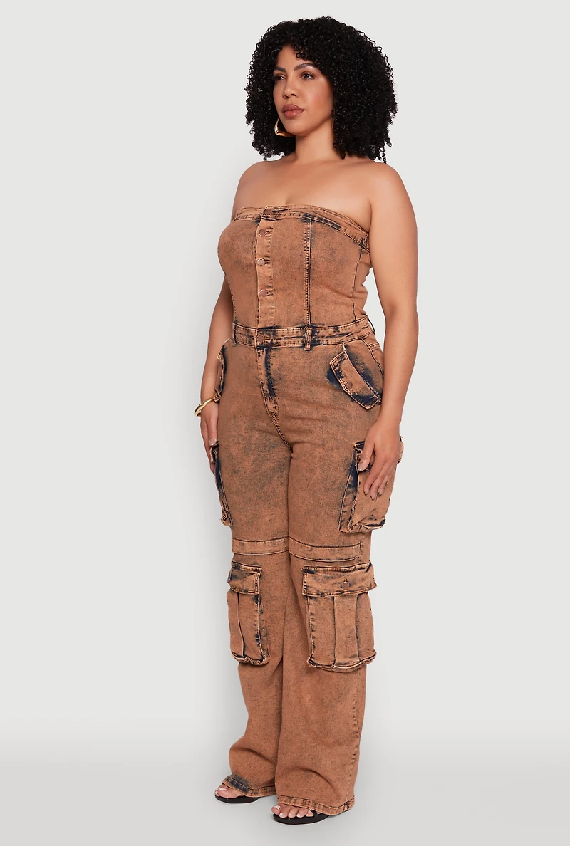 Womens Plus Daisy Acid Wash Denim Tube Utility Jumpsuit, Brown,