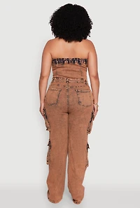 Womens Plus Daisy Acid Wash Denim Tube Utility Jumpsuit, Brown,