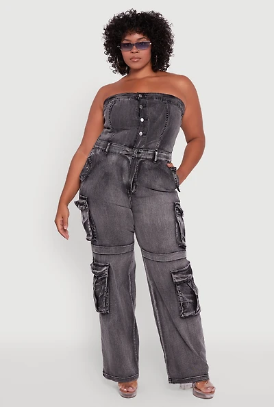 Womens Plus Size Acid Wash Denim Cargo Pocket Jumpsuit, Grey, Size 2X