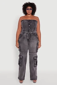 Womens Plus Size Acid Wash Denim Cargo Pocket Jumpsuit, Grey, Size 2X