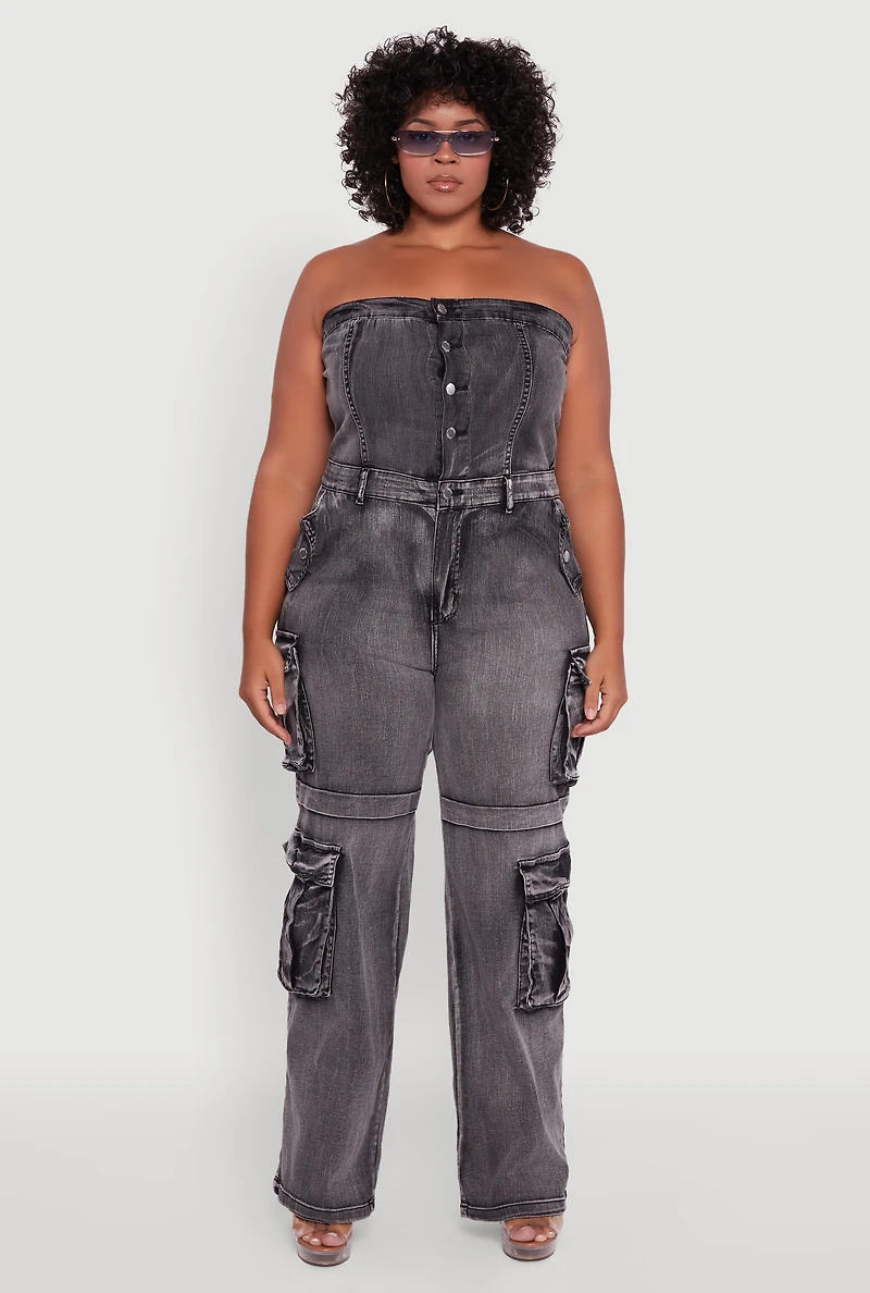 Plus Acid Wash Denim Cargo Pocket Jumpsuit