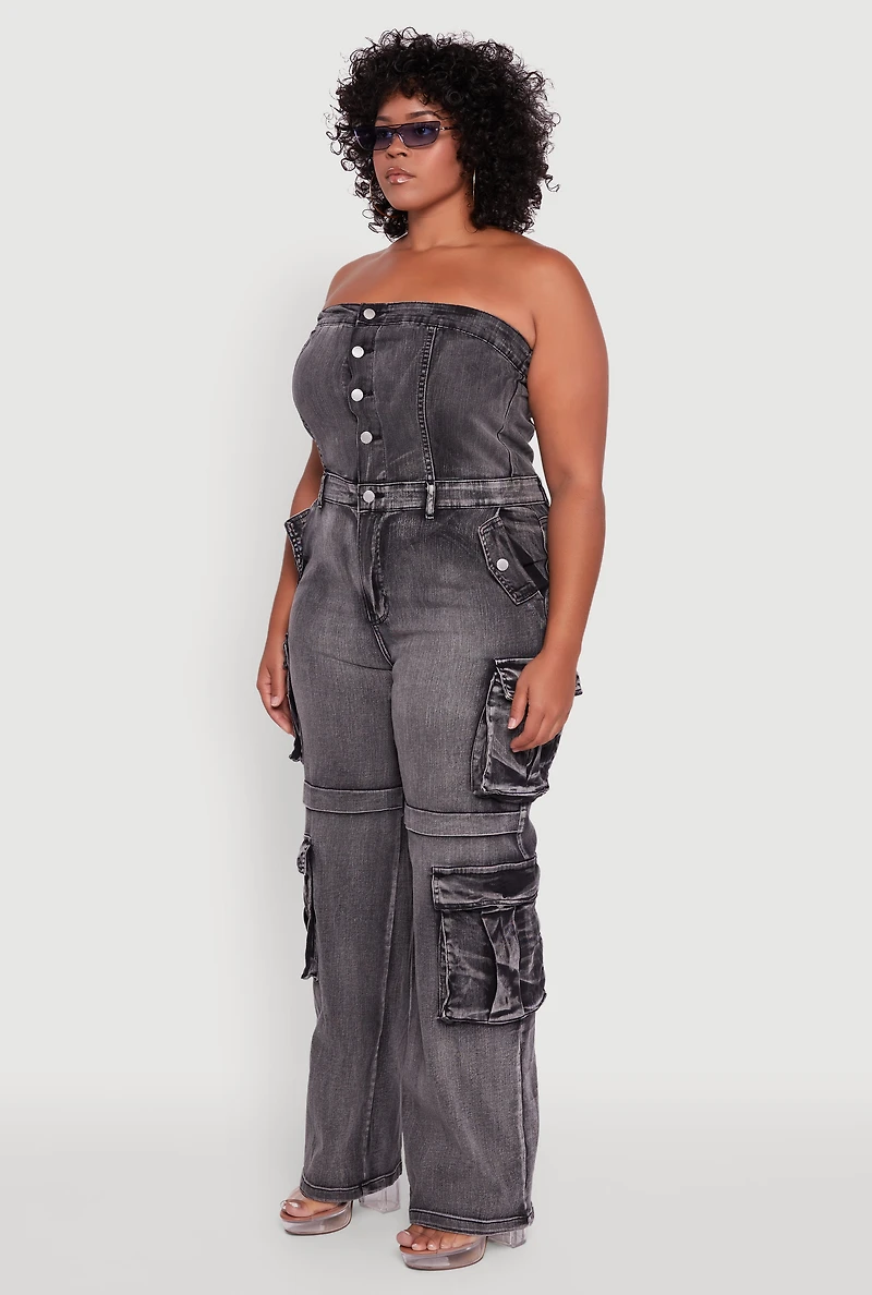 Plus Acid Wash Denim Cargo Pocket Jumpsuit