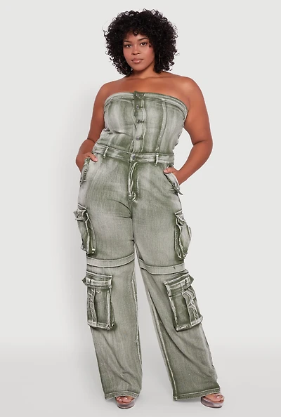 Womens Plus Acid Wash Denim Cargo Pocket Jumpsuit,