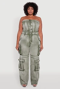 Womens Plus Size Acid Wash Denim Cargo Pocket Jumpsuit, Green, Size 3X