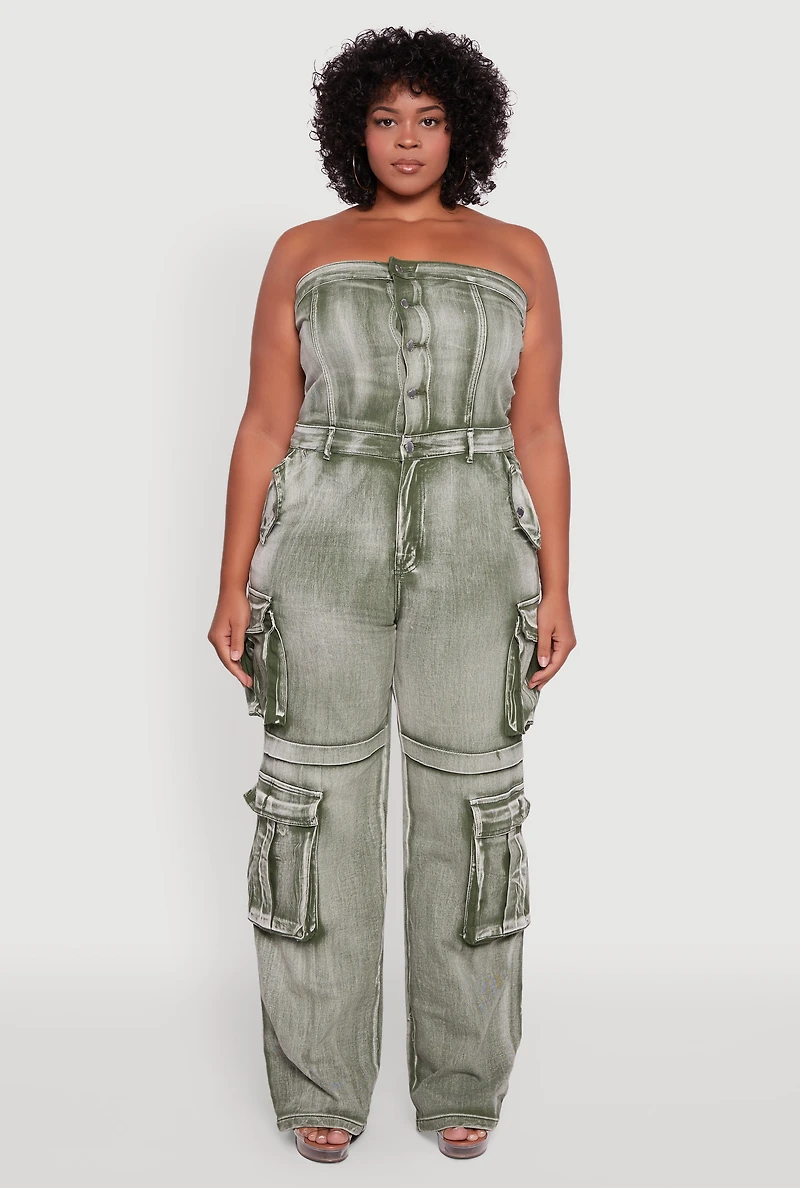 Womens Plus Size Acid Wash Denim Cargo Pocket Jumpsuit, Green, Size 2X