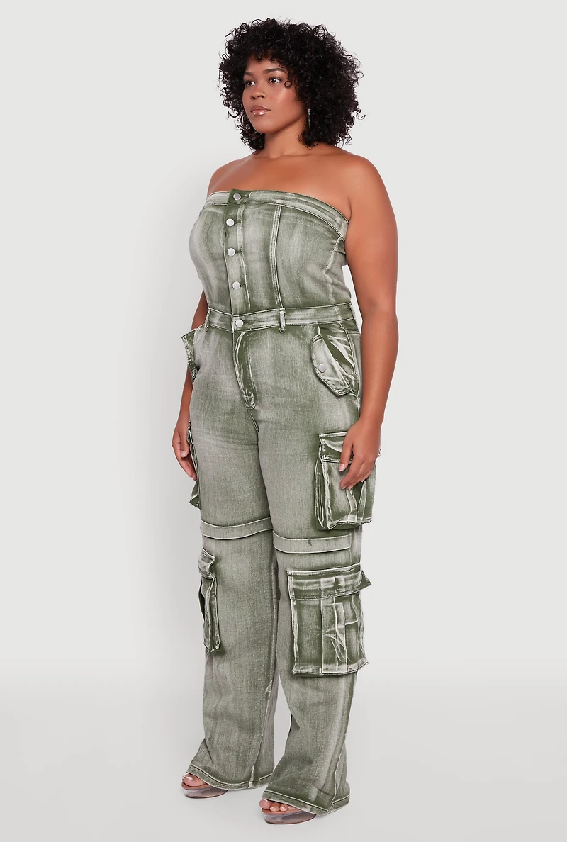 Womens Plus Size Acid Wash Denim Cargo Pocket Jumpsuit, Green, Size 3X