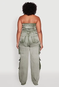 Womens Plus Size Acid Wash Denim Cargo Pocket Jumpsuit, Green, Size 3X
