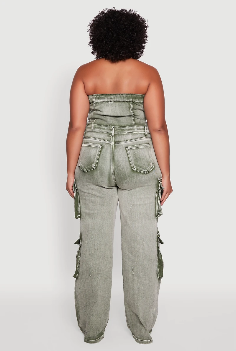 Womens Plus Size Acid Wash Denim Cargo Pocket Jumpsuit, Green, Size 1X
