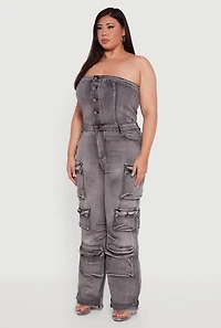 Plus Acid Wash Cargo Pocket Button Front Jumpsuit