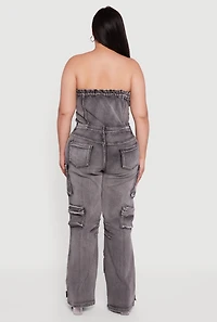 Plus Acid Wash Cargo Pocket Button Front Jumpsuit